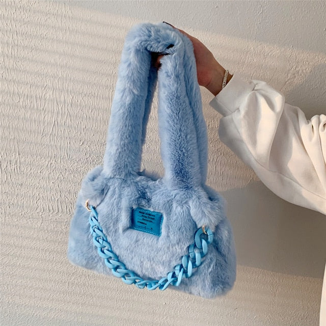 Something Blue Fluffy Faux Fur Soft Shoulder Bags