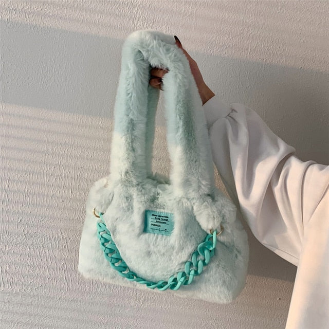 Something Blue Fluffy Faux Fur Soft Shoulder Bags