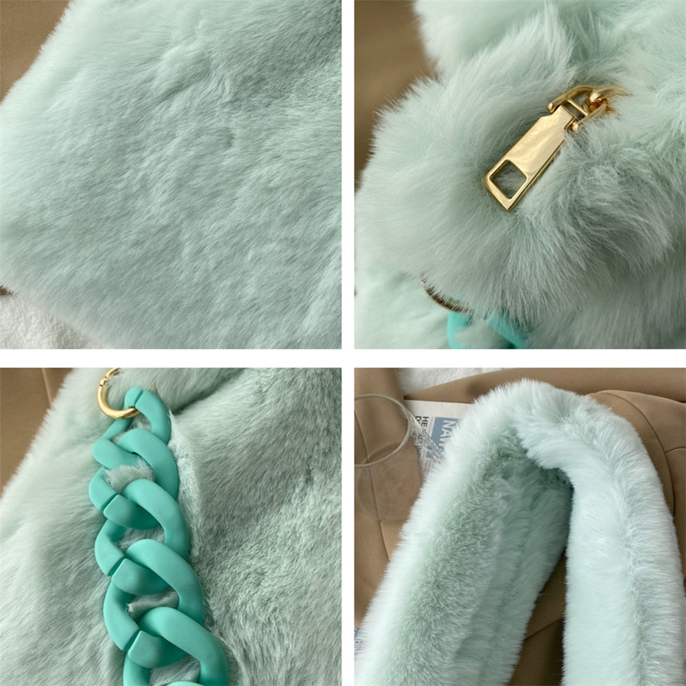 Something Blue Fluffy Faux Fur Soft Shoulder Bags