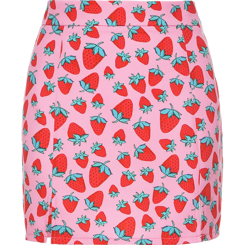 Cute strawberry printed high waist a-line skirt