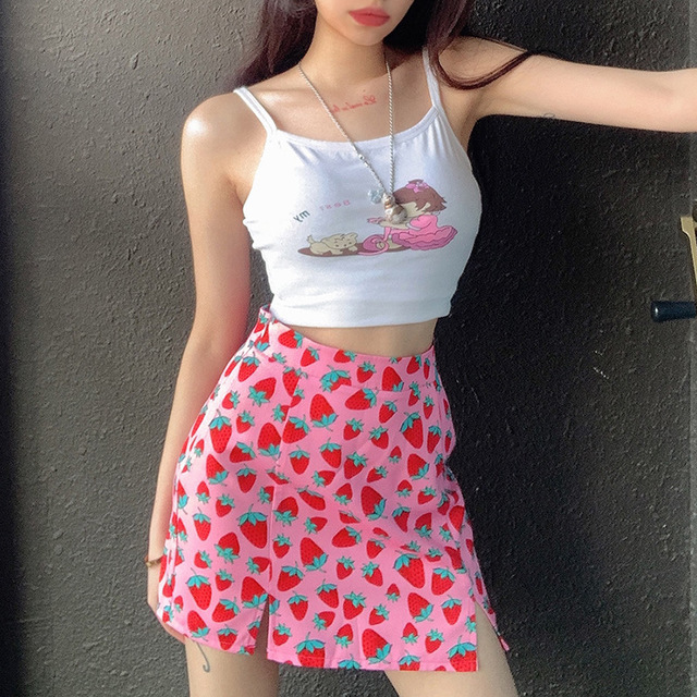 Cute strawberry printed high waist a-line skirt