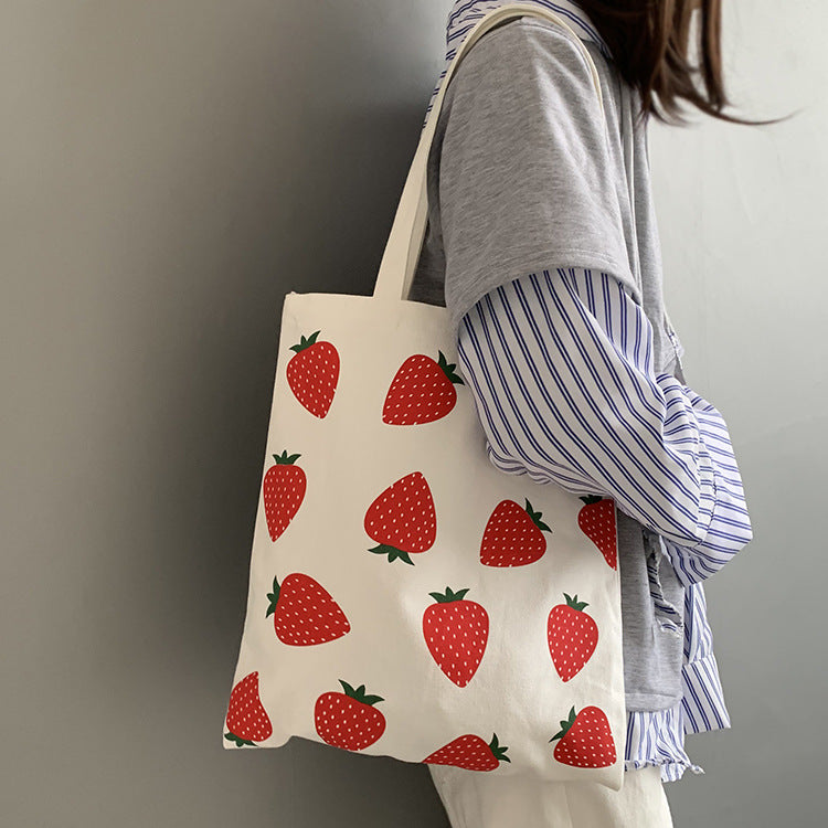 Large Capacity Strawberry Print Canvas Bag