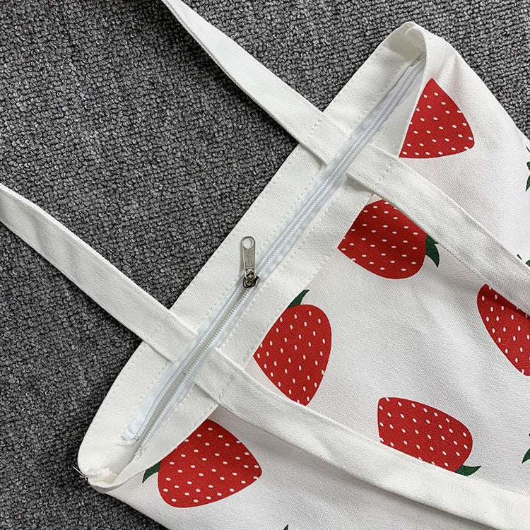 Large Capacity Strawberry Print Canvas Bag