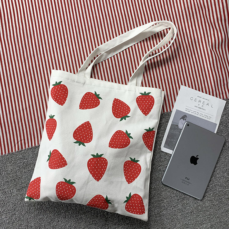 Large Capacity Strawberry Print Canvas Bag