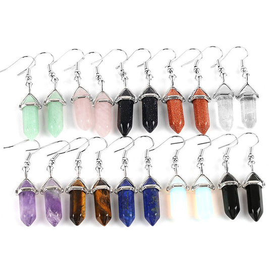 Classic Earrings, Natural Crystal Semi-Precious Stones Pendant Earrings, Six Prism Bullet Earrings