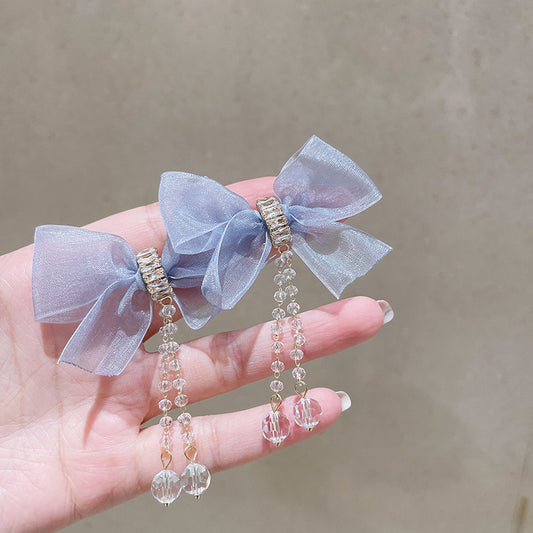 Chiffon Bowknot Crystal Tassel Earrings Temperament Long Earrings