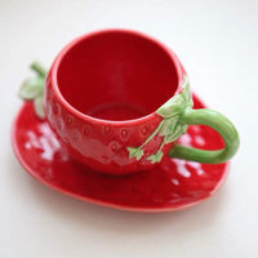 Hand Painted Ceramic Coffee Cup & Saucer Decal Strawberry