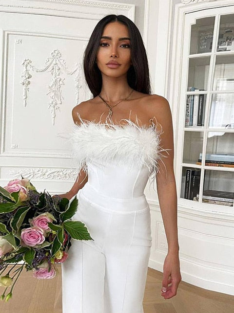 White Sequined Feather-paneled Jumpsuit