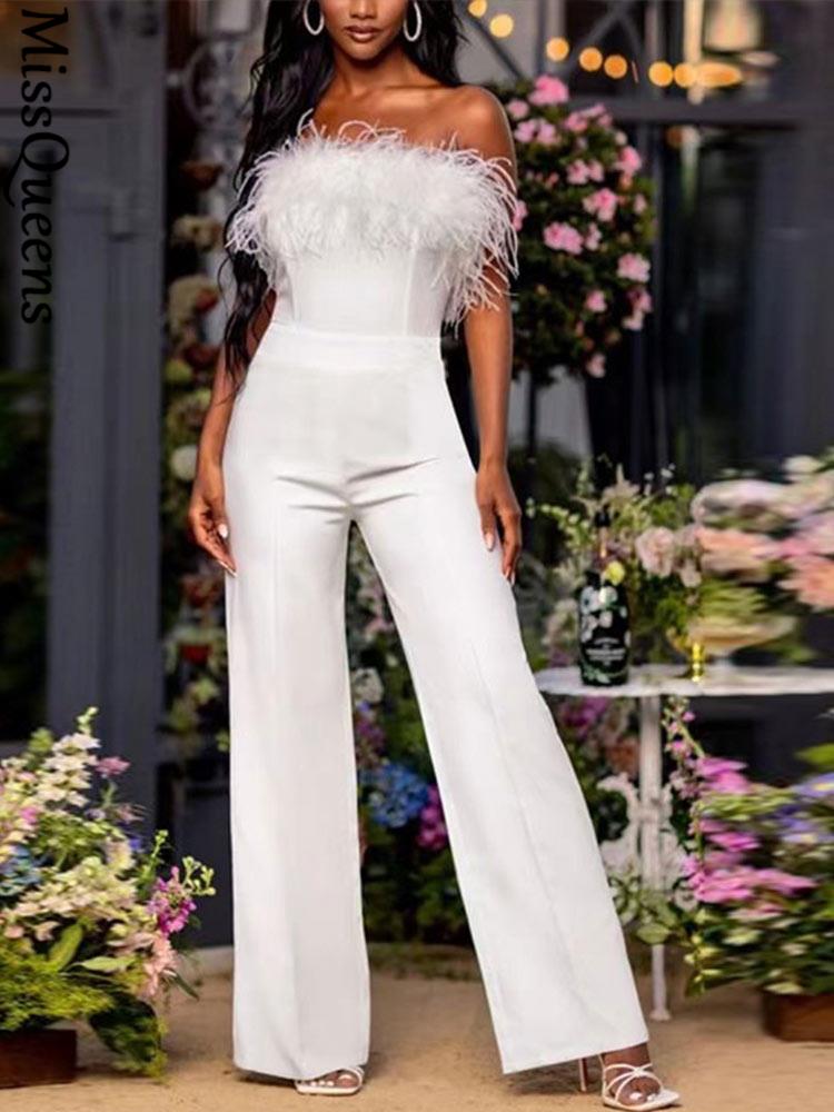 White Sequined Feather-paneled Jumpsuit