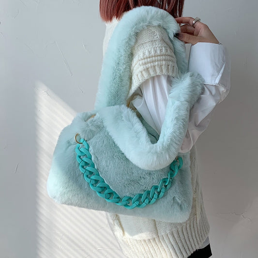 Something Blue Fluffy Faux Fur Soft Shoulder Bags